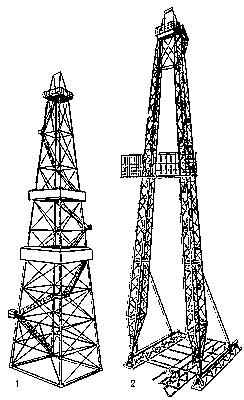 Буровые вышки: 1 — башенного типа; 2 — А-образной формы.
