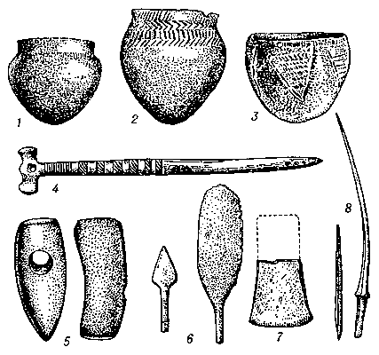 Ямная культура. Поздний этап: 1, 2, 3 — глиняные сосуды; 4 — булавка из рога; 5 — каменный топор: 6, 7, 8 — медные изделия (6 — ножи, 7 — тесло, 8 — шилья).