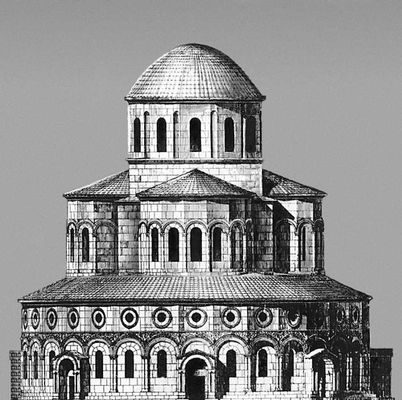 Храм Звартноц. 641—661. Реконструкция общего вида по С. Мнацаканяну.