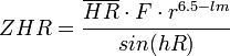  ZHR = \cfrac{\overline{HR} \cdot F \cdot r^{6.5-lm}}{sin(hR)} 