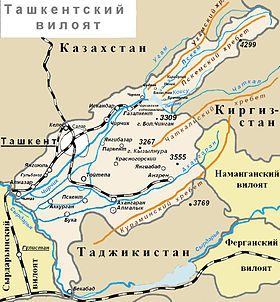 Вершина Кызылнура на схематической карте Ташкентской области